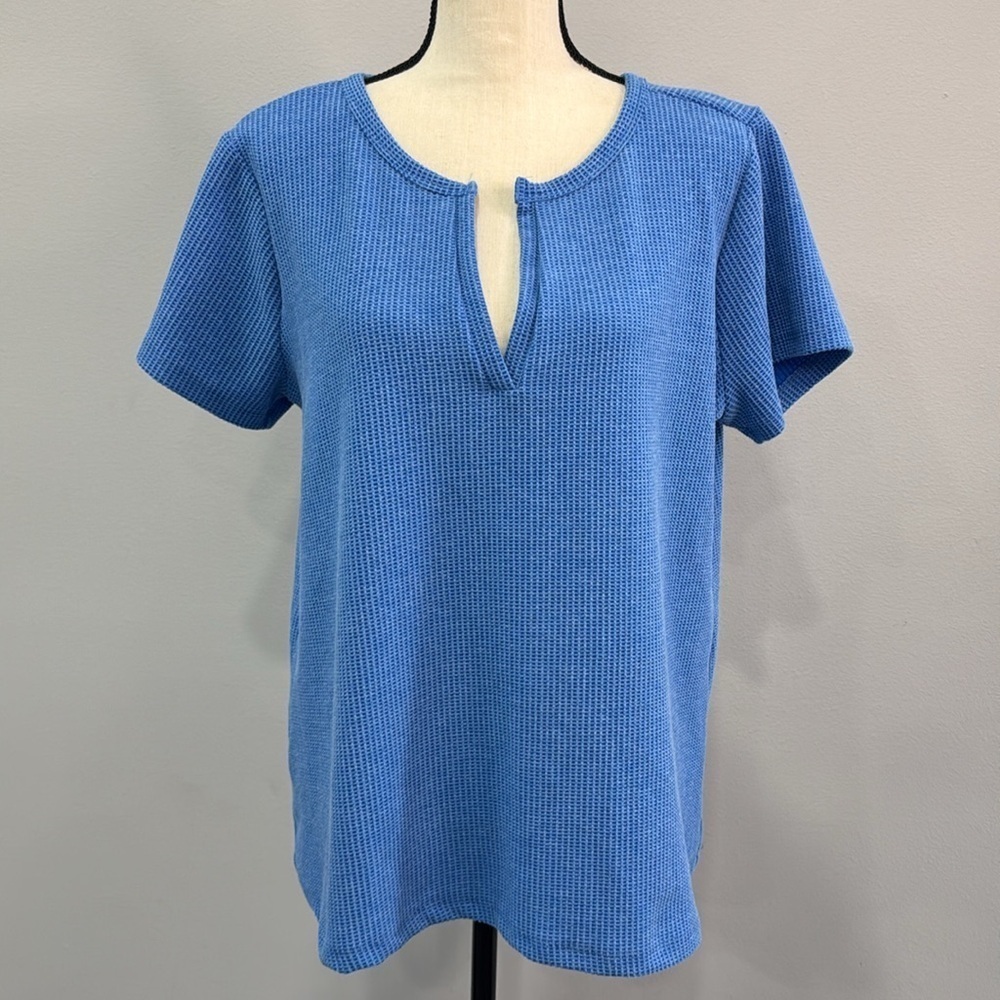 Zenana Blue V-Neck Waffle Knit Short Sleeved Blouse. Sz XL - Picture 5 of 11